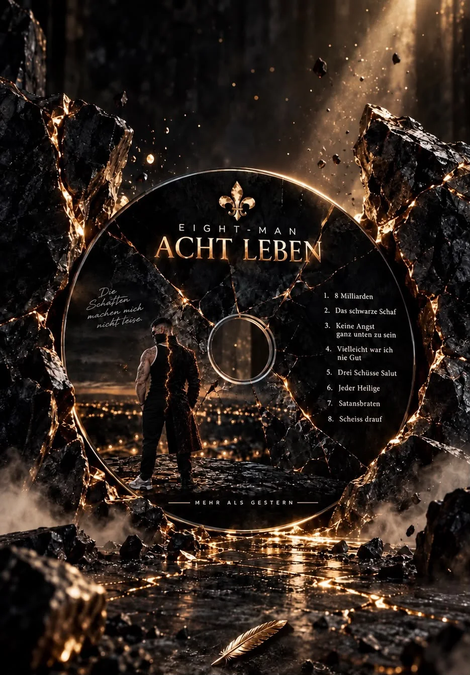 Acht Leben CD von 8-Man mit gold-schwarzem Artwork und der vollständigen Titelliste.