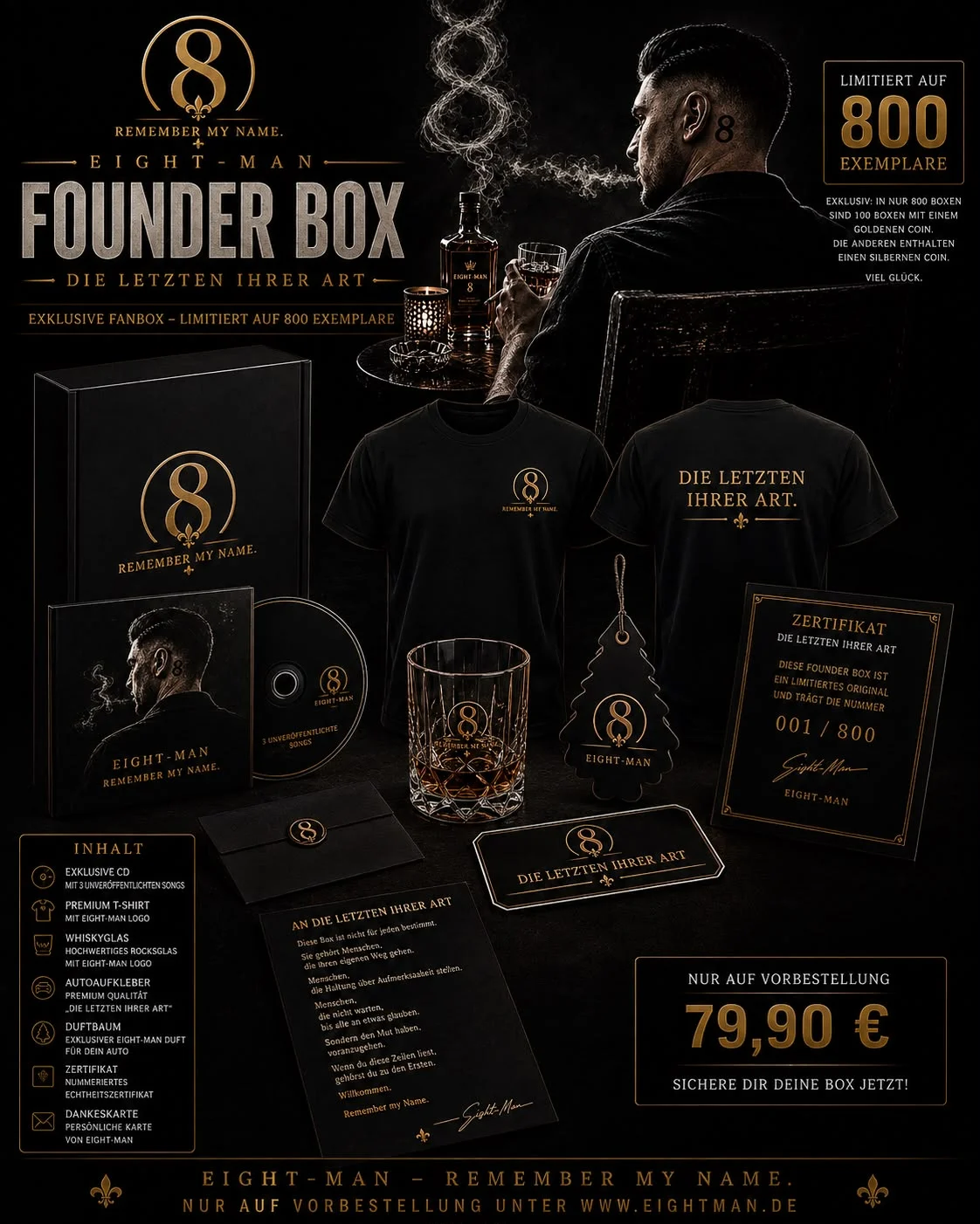 Eight-Man Founder Box mit T-Shirt, CD, Whiskyglas, Coin und weiteren limitierten Inhalten.
